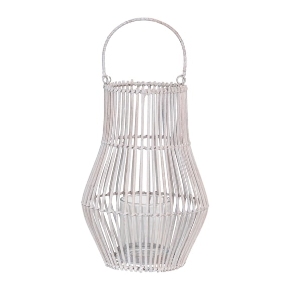 Bloomingville Round Hand-Woven Bamboo Lantern with Handle and Glass Insert, Whitewashed