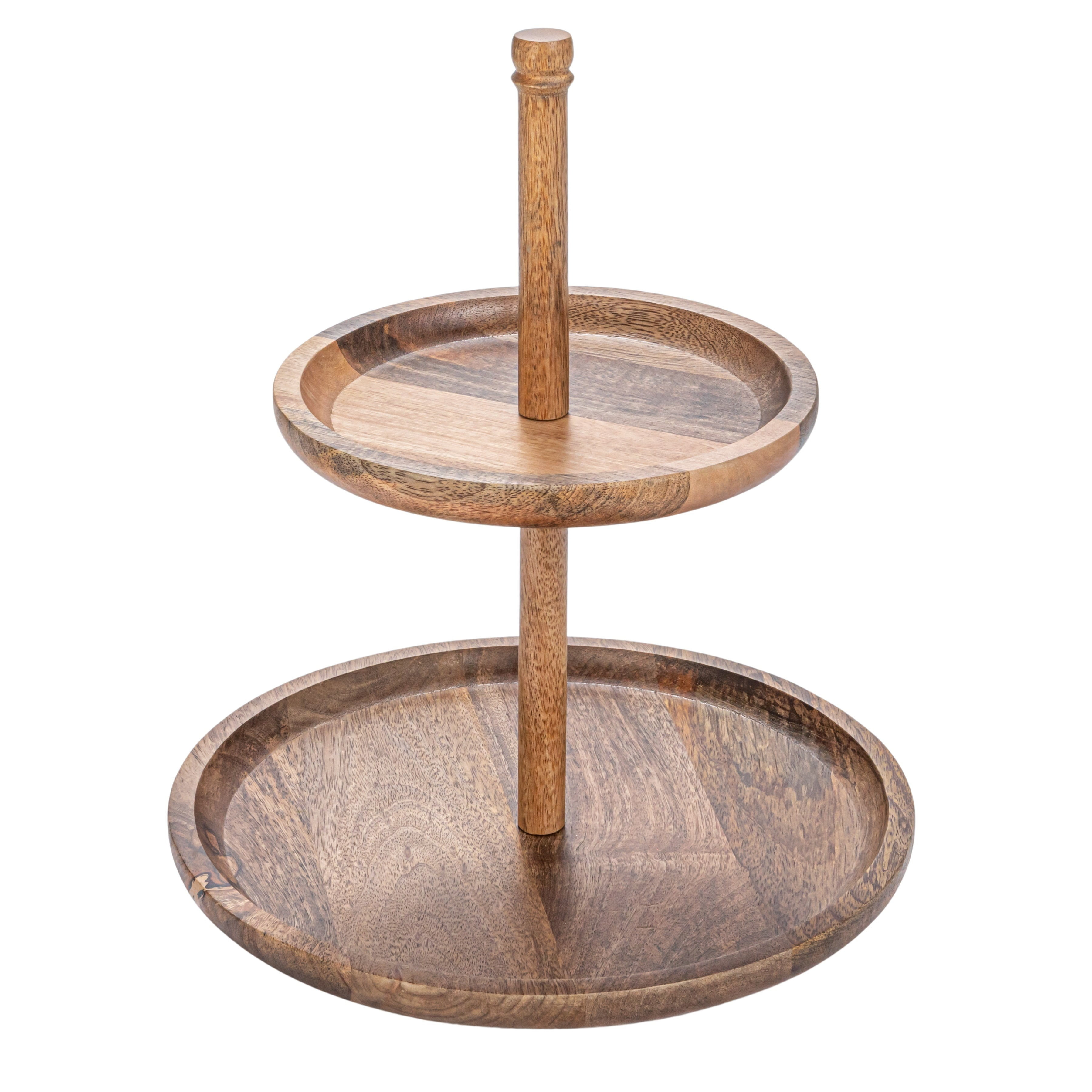Natural Mango Wood 2-Tier Round Tray with Metal Handle