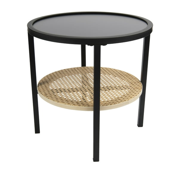 Bloomingville Round Metal Accent Table with Tray Style Top and Handwoven Bamboo Storage Shelf, Black and Natural