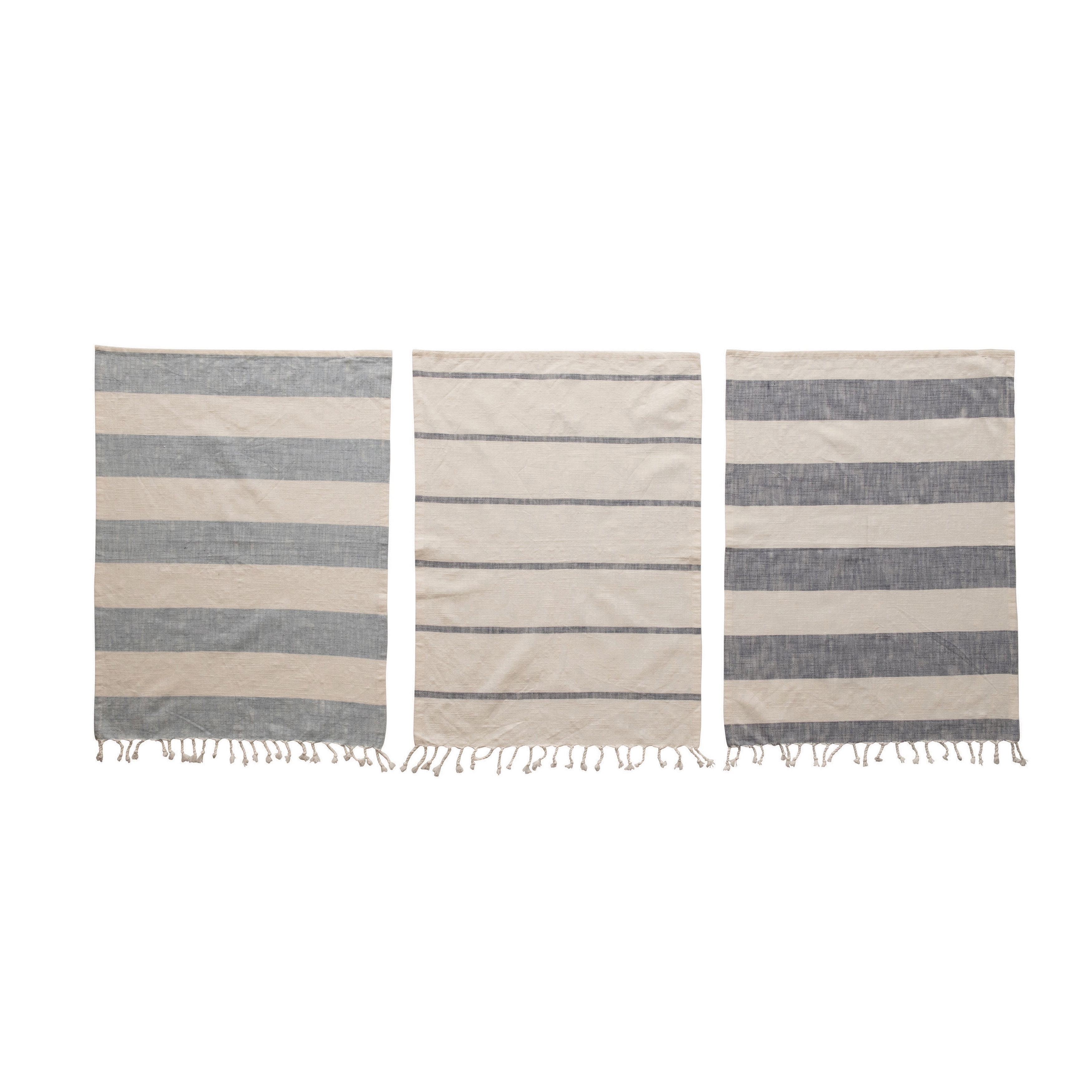 Blue and Beige Cotton Tea Towels with Stripes and Tassels, Set of 3