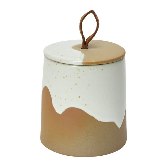 Bloomingville Stoneware Canister with Leather Loop, Speckled Cream and Brown Reactive Glaze