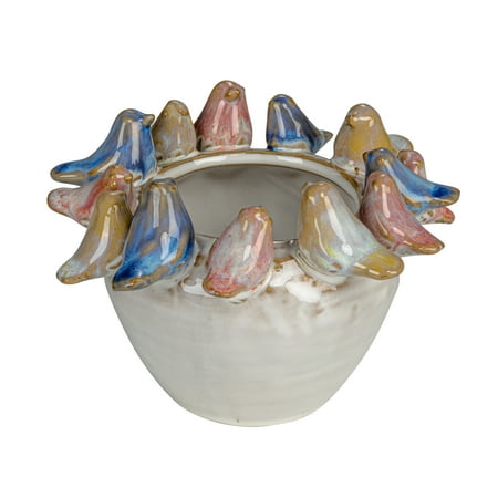 Bloomingville Stoneware Planter with Birds on Rim and Reactive Glaze, Multicolor