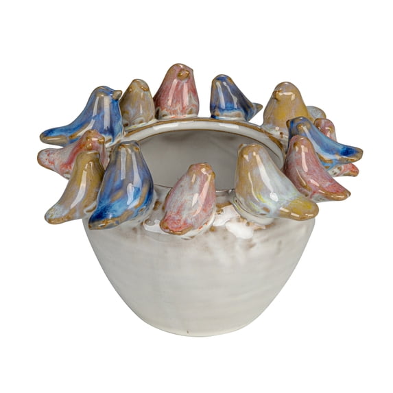 Bloomingville Stoneware Planter with Birds on Rim and Reactive Glaze, Multicolor