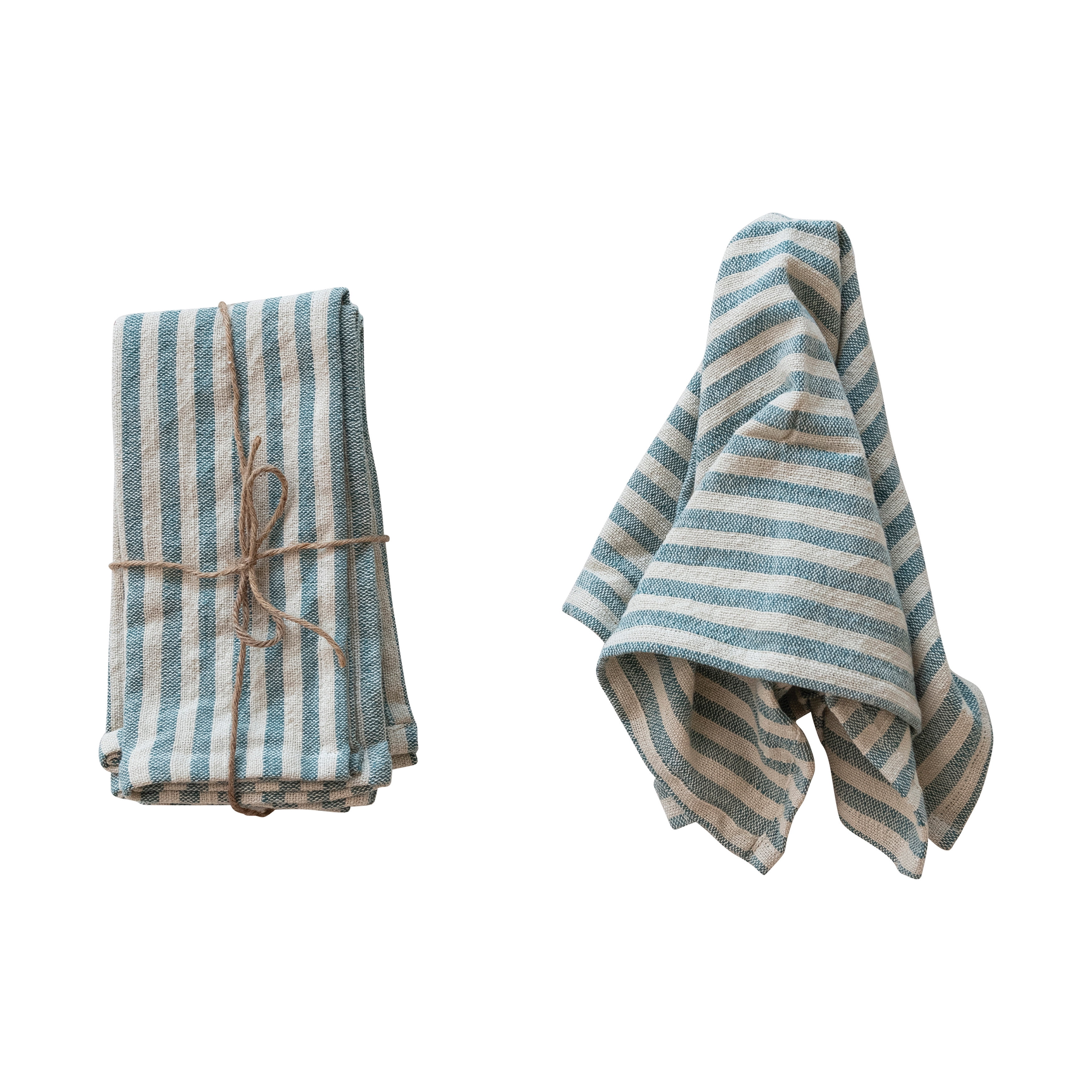 Blue and Natural Striped Cotton Napkins with Ruffle, Set of 4