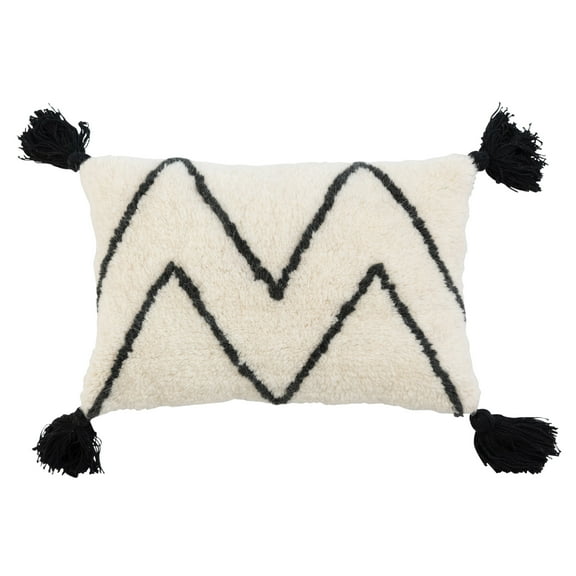 Bloomingville Wool Blend Tufted Lumbar Pillow with Chevron and Tassels, Black and White
