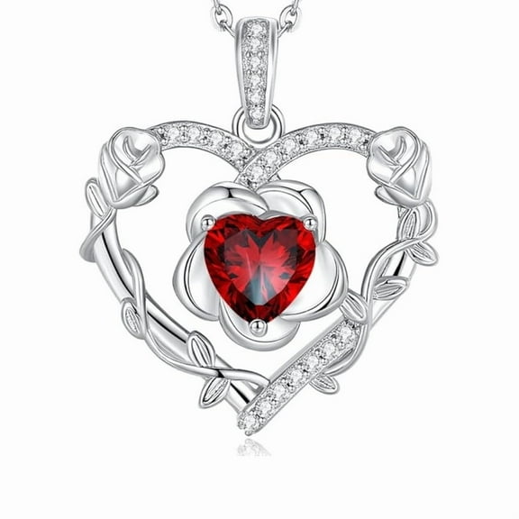 Bloomist Heart Birthstone Necklace in 925 Sterling Silver- Heart Cut Red Garnet Diamond Neckalce- Heart Rose Flower Necklace For Women