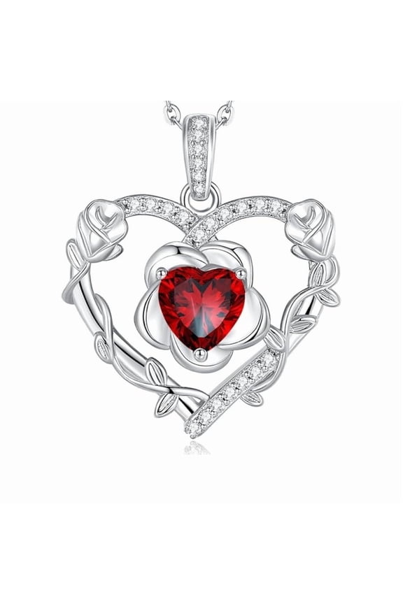 Bloomist Heart Birthstone Necklace in 925 Sterling Silver- Heart Cut Red Garnet Diamond Neckalce- Heart Rose Flower Necklace For Women