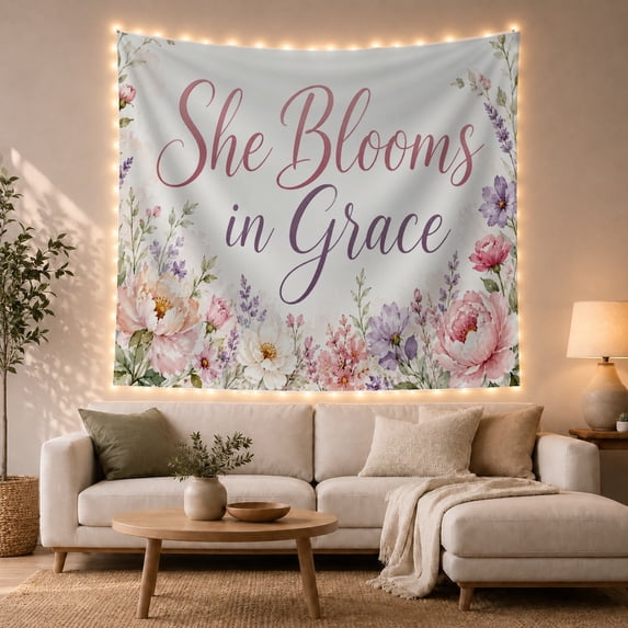 She Blooms in Grace Floral Border Romantic Watercolor for Women Floral Art Mother's Day Gift Tapestry Wall Hanging for Bedroom, Living Room and Nursery