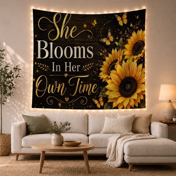 She Blooms Her With Own Time, Inspirational Illustration for Quote Lovers, Typography Wall Art, Valentine's Day Gift, Tapestry Wall Hanging for Bedroom and Living Room