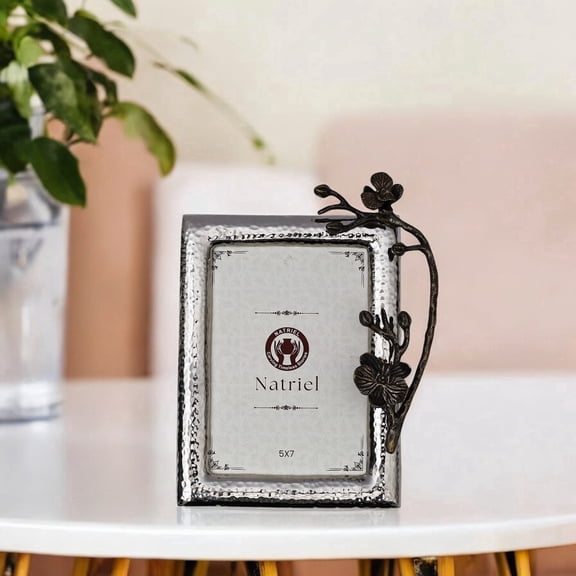 NATRIEL Blooms and Buds Metallic Photo Frame, Silver and Bronze, Hammered Finish, 5x7 Inch