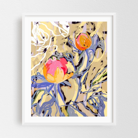 Blooms in The Butter Forest - Painting Floral Abstract Modern Art Flowers Botanical Pastel Illustration White Framed Wall Art Print 16 x 20 inches