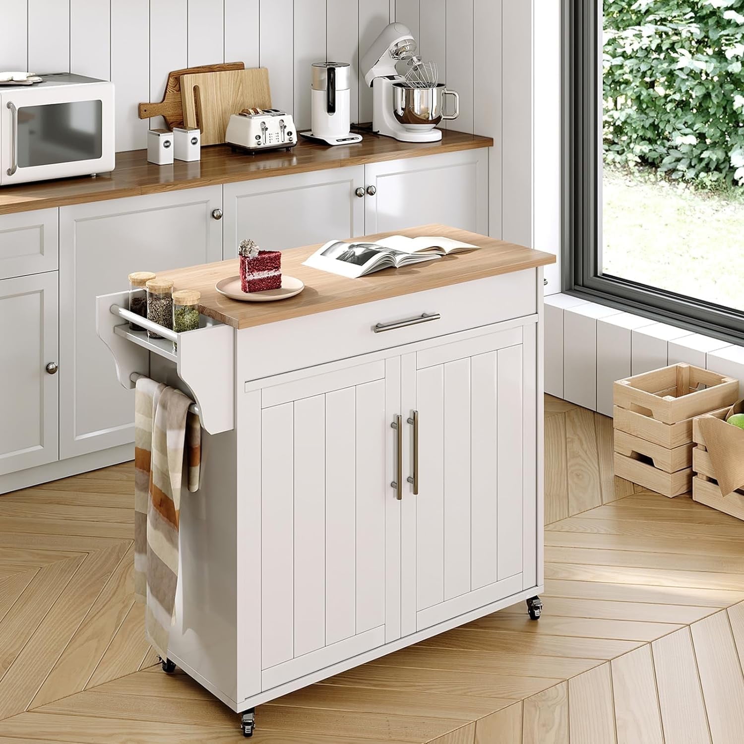 White and Natural Wood Rolling Kitchen Island with Storage Cabinet