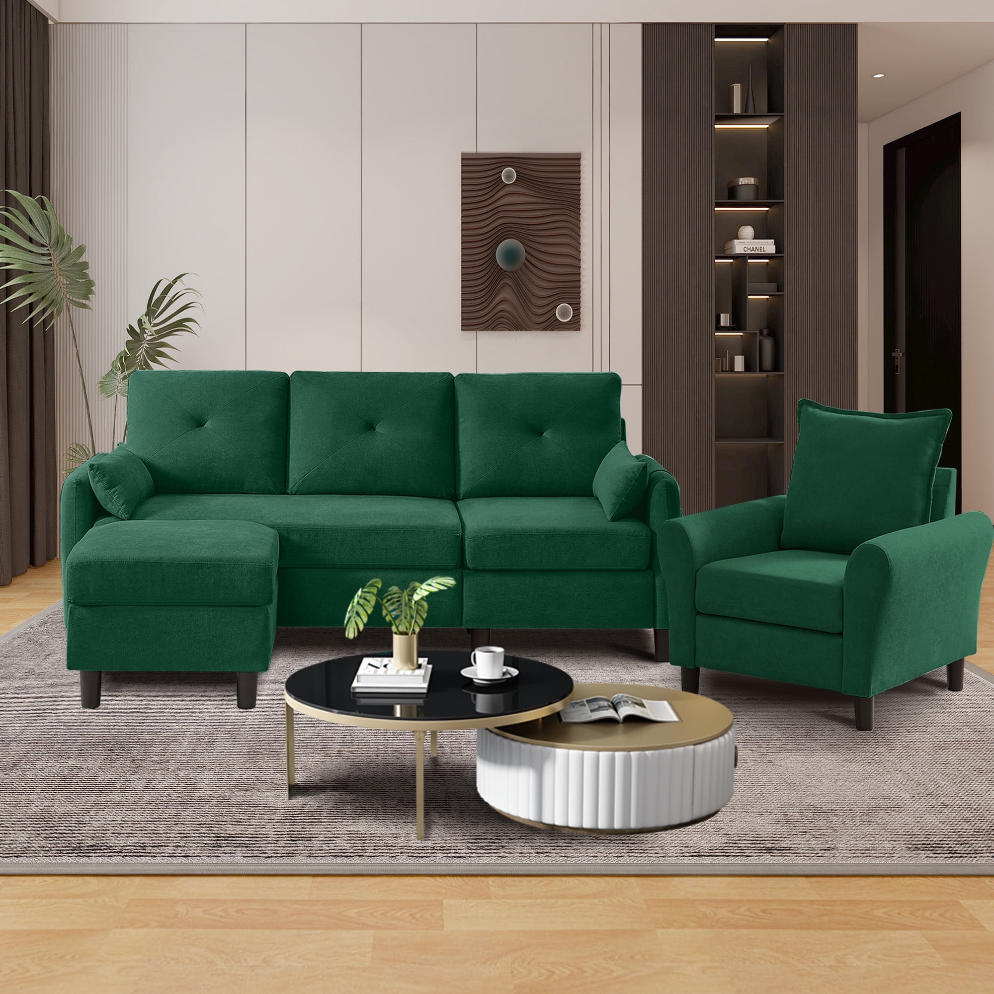 Green Polyester Blend 3-Piece Convertible Sectional Sofa Set