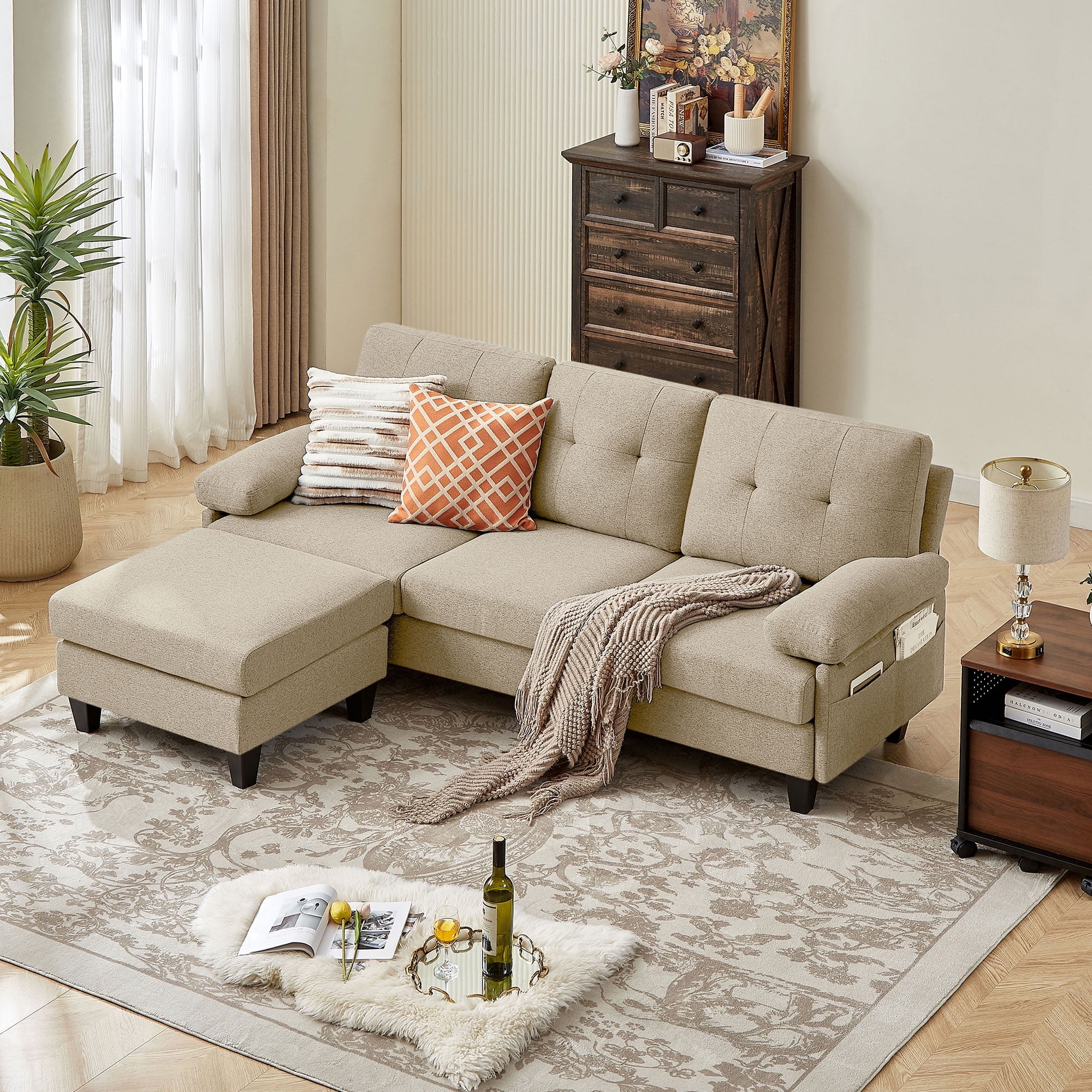 Soscana Convertible Sectional Sofa with Side Pocket 3 Seat L shaped Couch with Ottoman Zipper Style Detachable Armrest Modern Linen Couches with