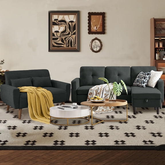 Soscana Living Room Furniture Set, Sectional Sofa Couch with Storage Ottoman and Loveseat,L-shaped 3 Seater Sofa with Side Pockets, for Living Room Apartment Office Studio