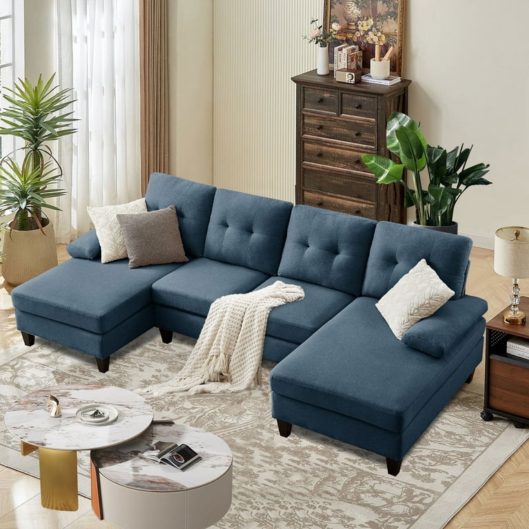 Soscana 110 Sectional Sofa U Shaped Sofa Couch with Double Chaise and Zippered Armrest Modern Linen Oversized 4 Seater Sofa for Living Room