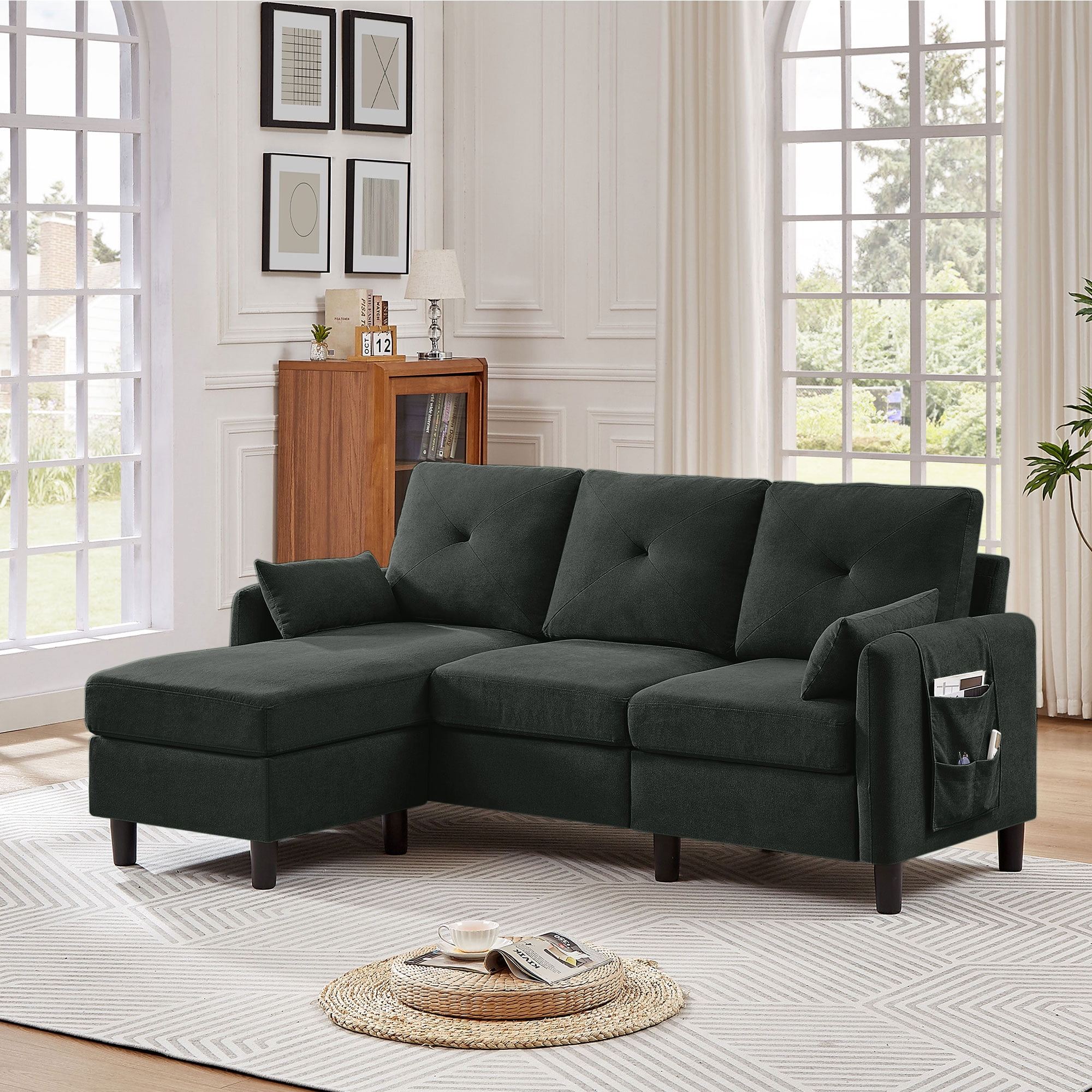 Bloomwhale Sectional Sofa with Convertible Ottoman and Side Pocket 3 Seat L shaped Sofa Couch with Armrest Pillow Modern Sofas Couches with Footstool