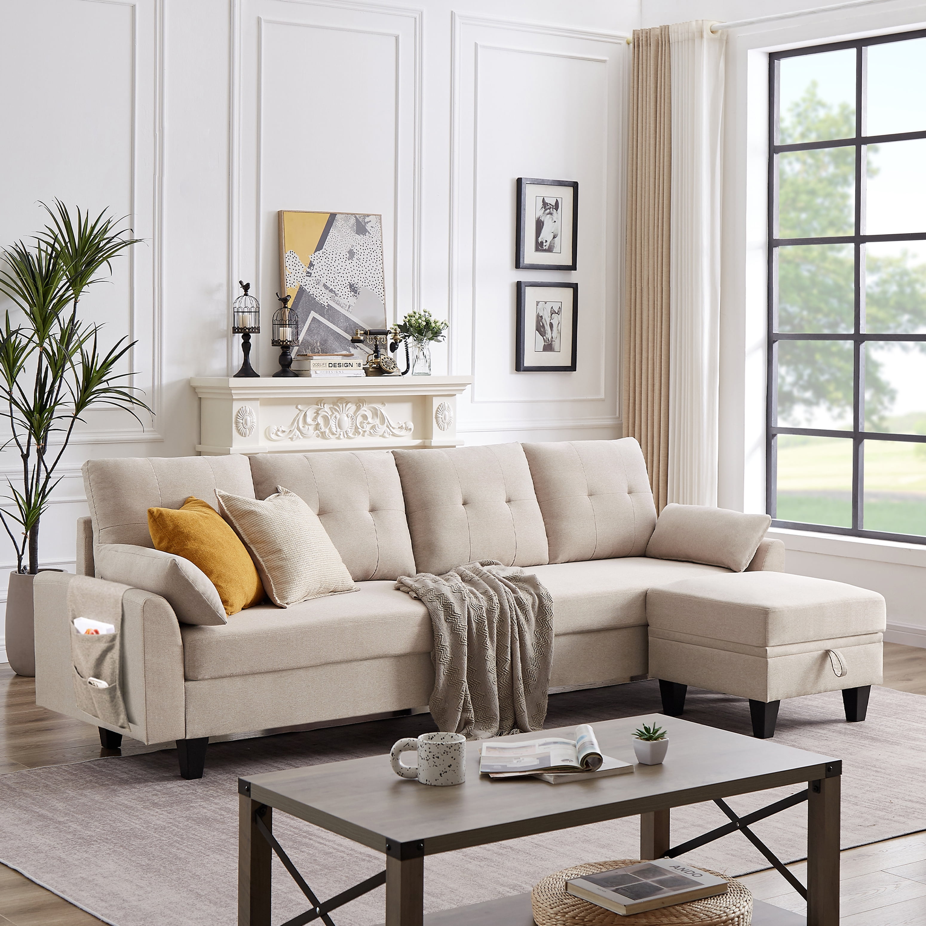 Soscana 102" Sectional Sofa Couch with Storage Ottoman and Side Pockets,4 Seater Chaise Sofa L Shaped Couch for Living Room Office Reading Room Apartment Studio
