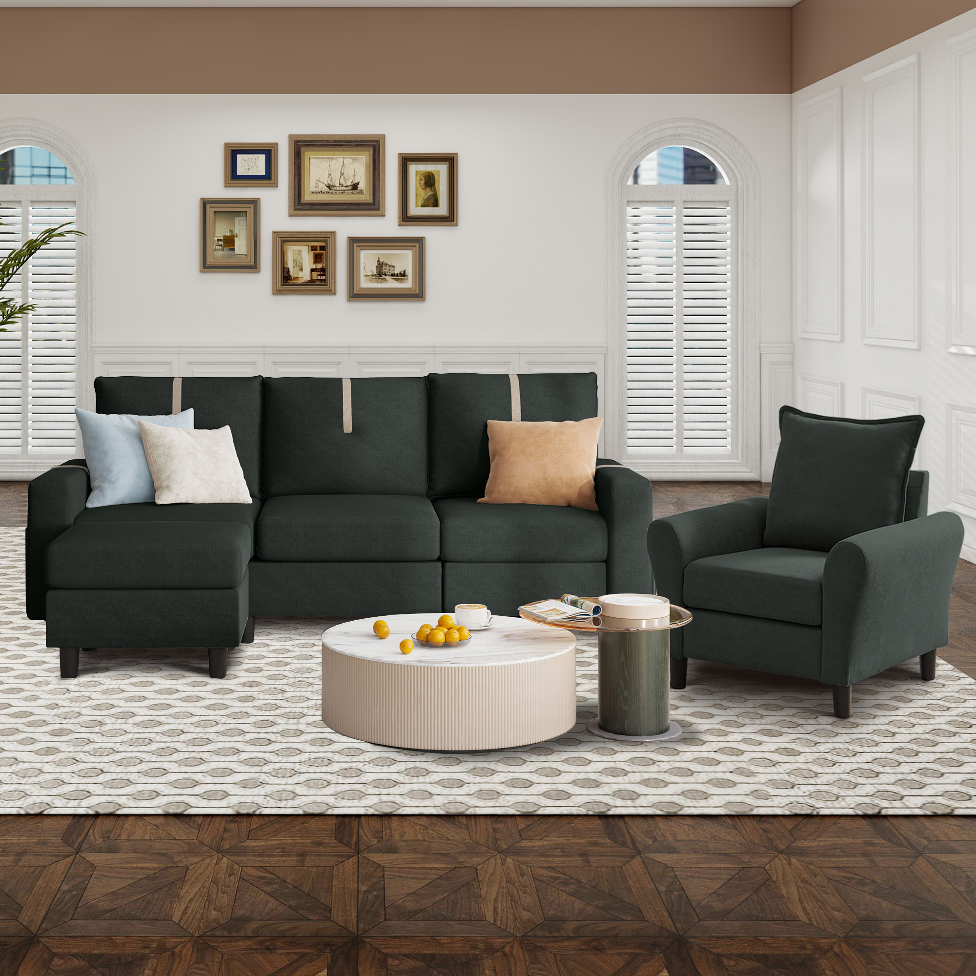 Soscana Modern Furniture Set Sectional Sofa with Ottoman and Accent Chair, 3 Seater Sofa Couch with Side Pockets and Single Armchair for Living Room Studio Office Apartment