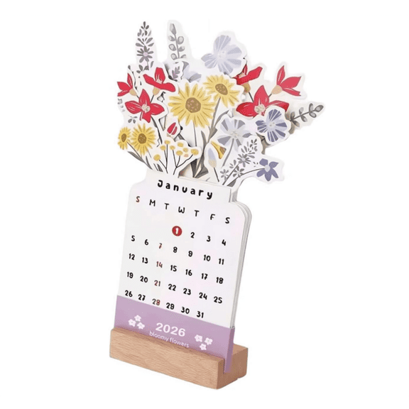 Bloomy Flowers Desk Calendar 2026, Vase-Shaped Monthly Planner with Wooden Base, Creative Floral Flip Calendar for Home Office, Desk Calendar