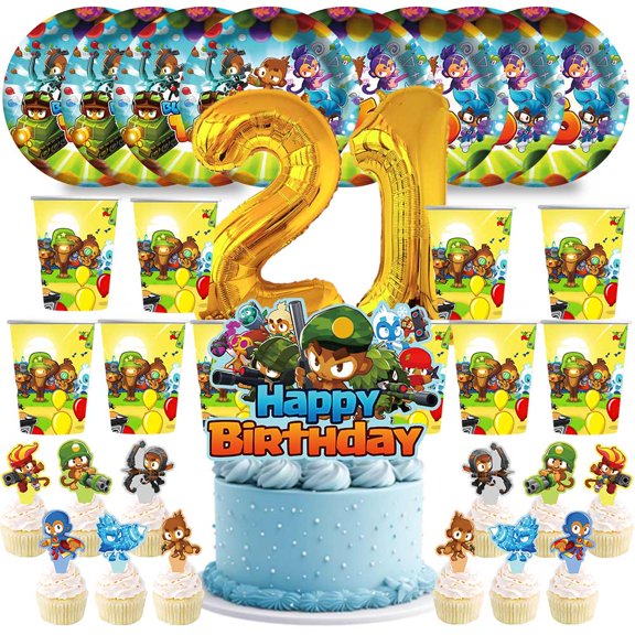 Bloons TD Tower Defense Birthday 21th Cups Party Supplies Plates Fans Decorations Cake Topper Decor
