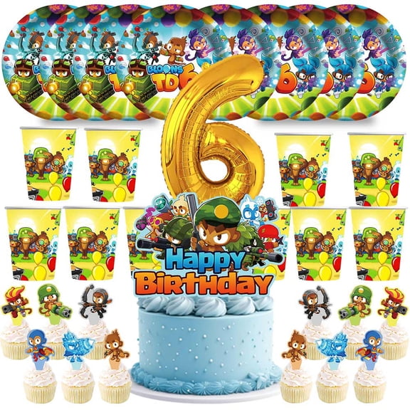 Bloons TD Tower Defense Birthday 6th Cups Party Supplies Plates Fans Decorations Cake Topper Decor