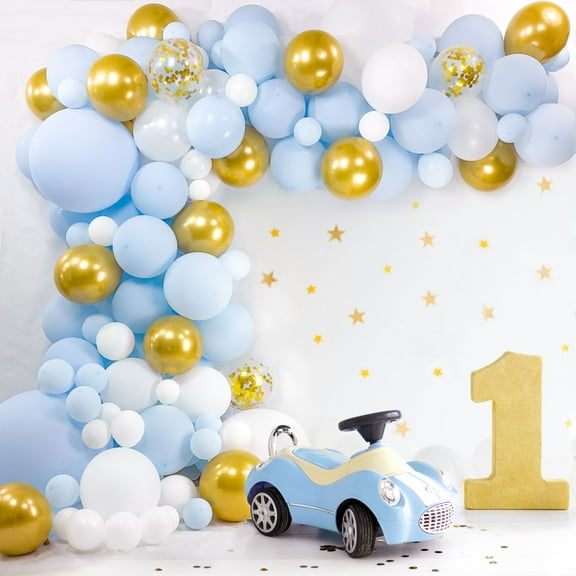 Baby Blue Balloon Garland Kit | Balloon Arch Kit for Baby Boy Shower | 120 Pack | Light Pastel Blue and Gold Balloons