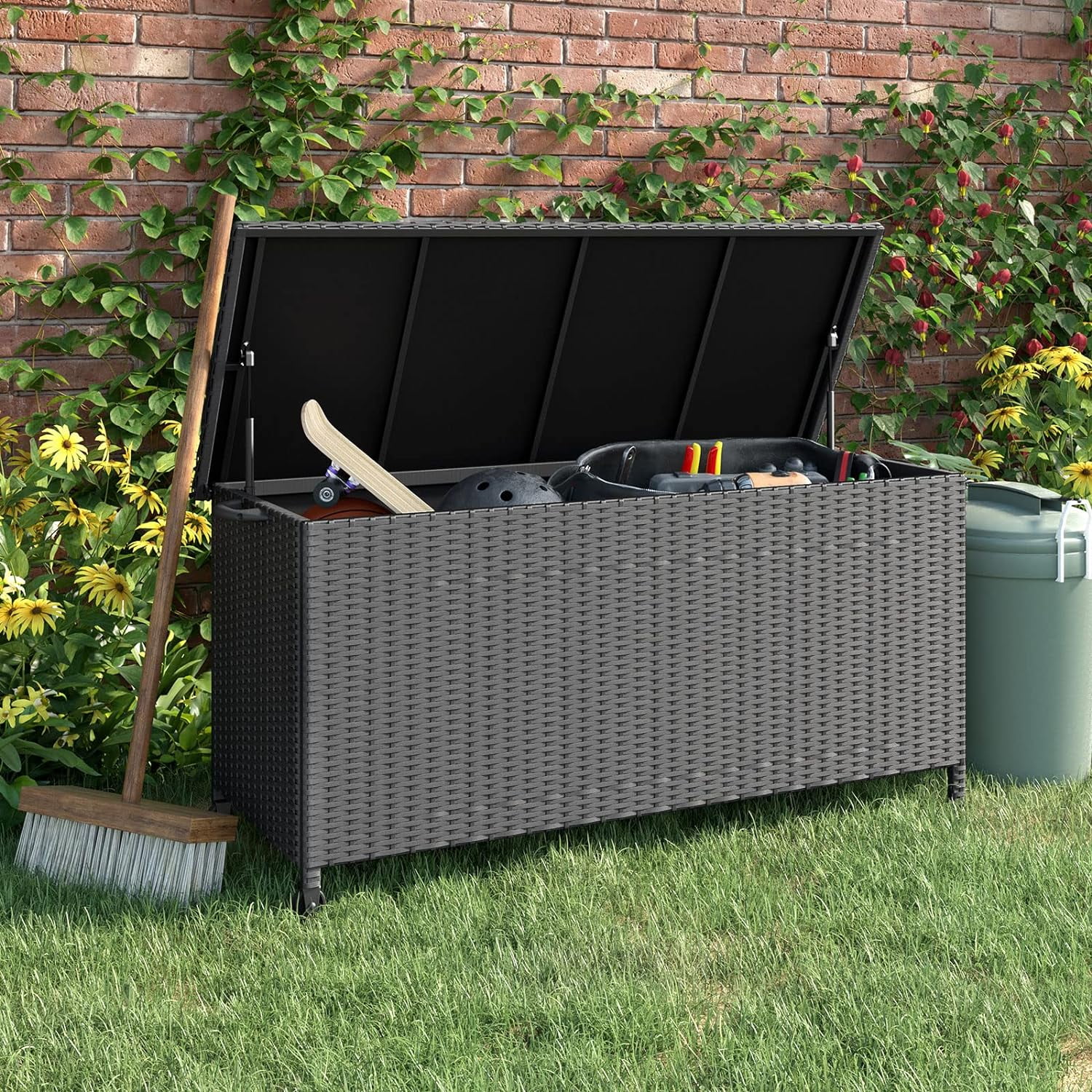 Blorly 108Gallon Steel Rattan Deck Storage Box IndoorOutdoor Wicker