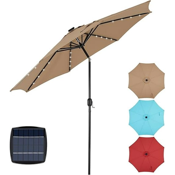 Blorly 10FT Solar Patio Umbrella with 32 LED Lights, Outdoor Umbrellas with Push Button Tilt and Crank, Tilting Table Umbrella with 8 Sturdy Ribs for Market, Beach, Pool, Garden,khaki