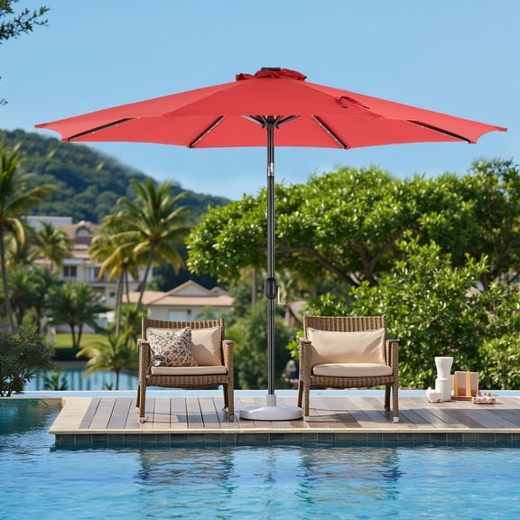 Blorly 10FT Solar Patio Umbrella with 32 LED Lights, Outdoor Umbrellas with Push Button Tilt and Crank, Tilting Table Umbrella with 8 Sturdy Ribs for Market, Beach, Red
