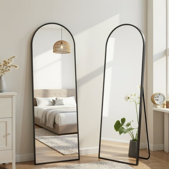 Blorly 21" x 64" Black Modern Arched Full Length Wall Mirror,Body Floor Mirror with Stand