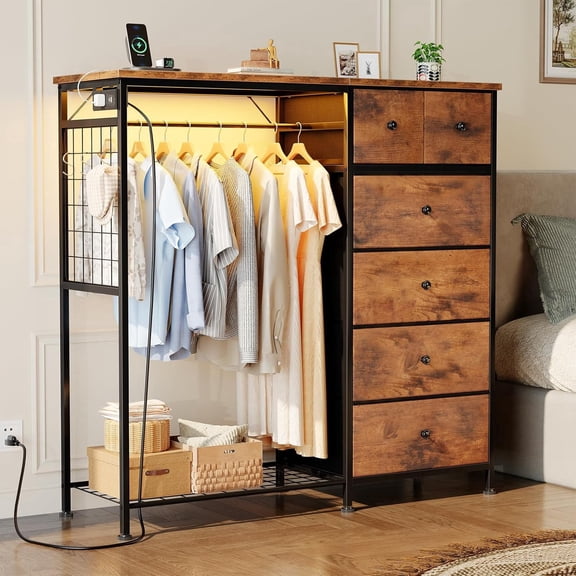 Taoset 6-Drawer Dresser with Clothes Rack & Charging Station, Industrial Garment Rack with Hanging Rod & Side Hooks, Free Standing Closet Organizer Storage Shelves for Bedroom, Cloakroom, Brown