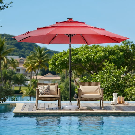 Blorly 9.2FT 3-Tier Patio Outdoor Umbrella,Solar 32 LED Lighted Table Market Umbrella with Tilt Adjustment, Easy Crank,for Garden, Deck, Backyard, Pool and Beach,Red