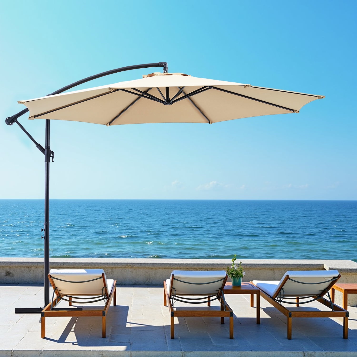 Blorly 10FT Offset Patio Umbrella, Hanging Cantilever Umbrella with Easy Tilt Adjustment, 8 Ribs, UV Protection, Khaki