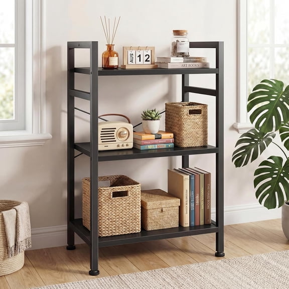 Blorly Bookshelf, 3 Tier Industrial Storage Shelf, Compact Metal & Wooden Bookcase for Small Spaces, Bedroom, Easy Assembly, Black