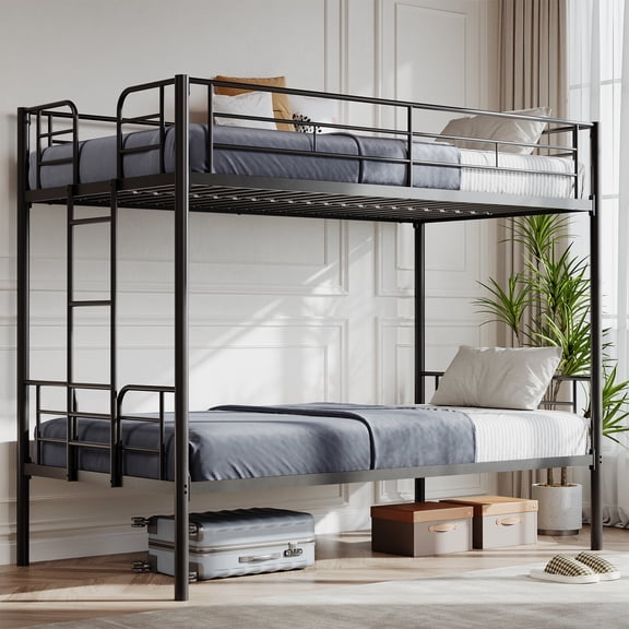 Blorly Bunk Bed Frame, Twin over Twin Heavy Duty Metal Frame with Safety Guardrail & Ladder, No Box Spring Needed, Black