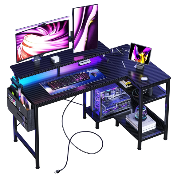 Blorly L-Shaped Gaming Desk, 40 Inch Corner Computer Desk with RGB LED & Power Outlet Type-C, Full Monitor Riser, Tiered CPU Storage Shelves & Side Fabric Pocket, for Small Bedroom Dorm, Black
