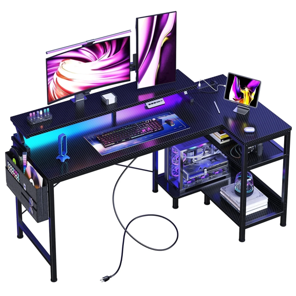 Blorly L-Shaped Gaming Desk, 48 Inch Corner Computer Desk with RGB LED & Power Outlet Type-C, Full Monitor Riser, Tiered CPU Storage Shelves & Side Fabric Pocket, for Small Bedroom Dorm, Black