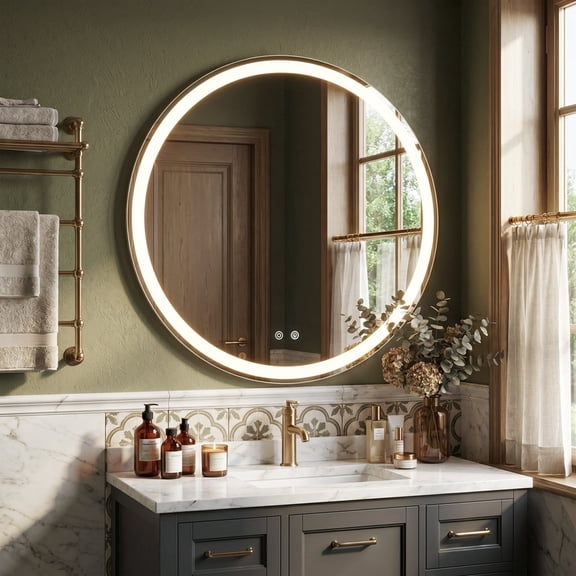 Blorly LED Round Bathroom Mirror with Backlit, Smart Anti-Fog Vanity Mirror with 3-Color Dimmable Lights, Modern Circle Wall Mirror for Powder Room & Makeup (30 Inch)