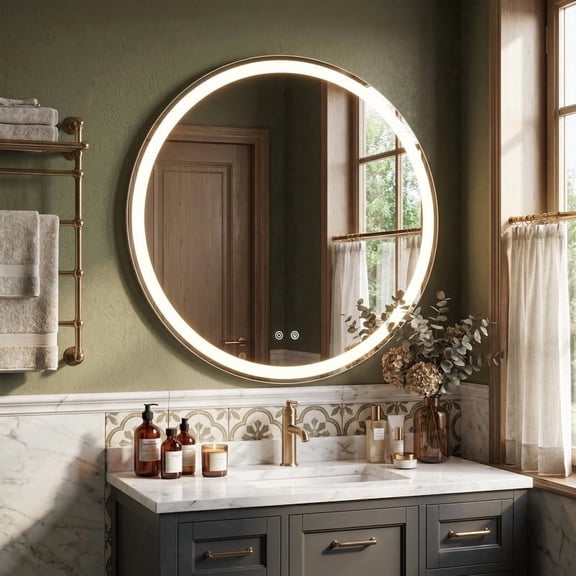 Taoset LED Round Bathroom Mirror with Backlit, Smart Anti-Fog Vanity Mirror with 3-Color Dimmable Lights, Modern Circle Wall Mirror for Powder Room & Makeup (30 Inch)
