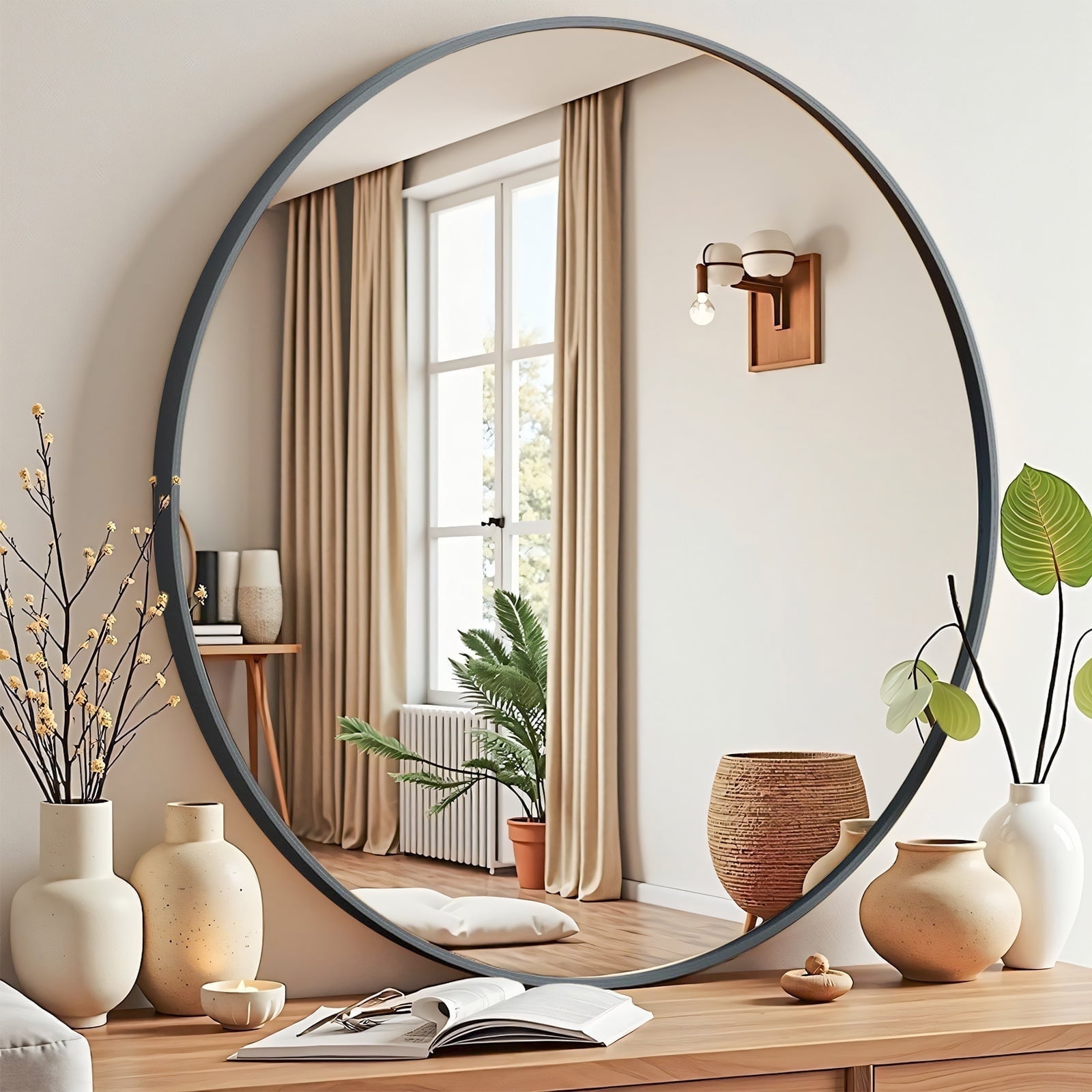 Blorly Wall Mirror, 30 inch Round Circle Vanity Mirror for Living Room, Bedroom, Rustic, Black Metal Frame