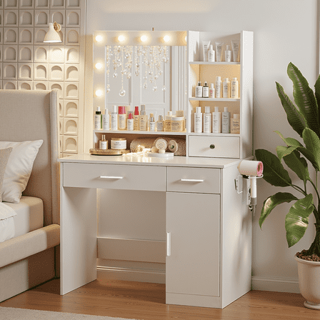 Blorly White Vanity Desk with Mirror, Makeup Vanity Table with LED Lights and Power Outlet, 3 Drawer, 4 Shelves, 1 Cabinet