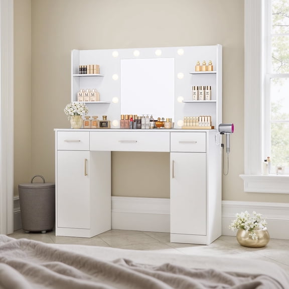 Taoset White Vanity Desk with Mirror, Makeup Vanity Table with LED Lights and Power Outlet, 3 Drawer, 6 Shelves, 2 Cabinet
