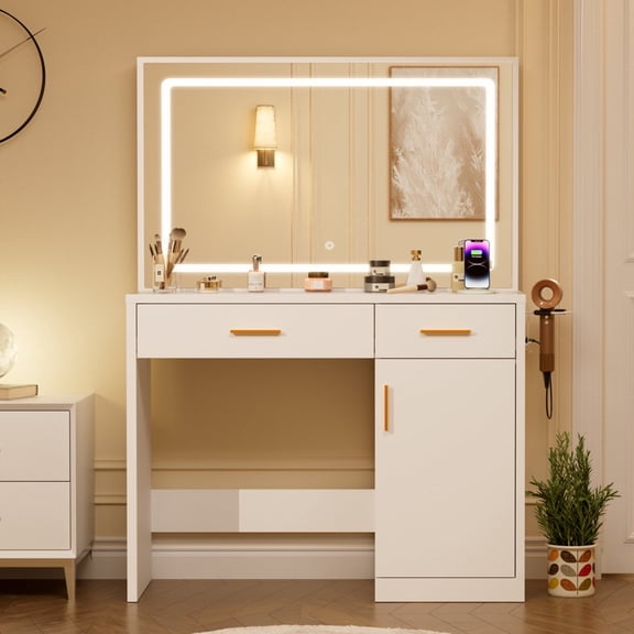 Taoset White Vanity Desk with Mirror, Makeup Vanity Table with Large LED Lights and Power Outlet, 2 Drawer, 1 Cabinet