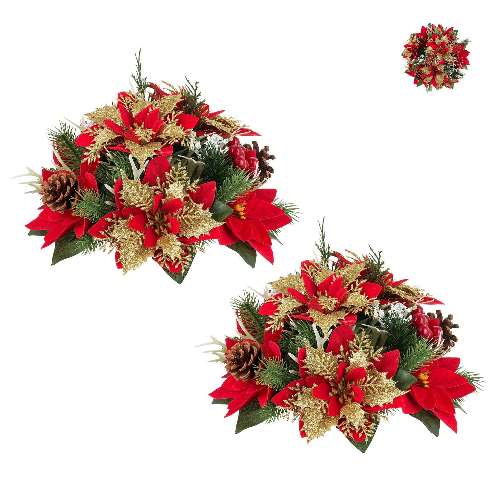 Blosmon Artificial Christmas Poinsettia Flowers Ball 2 Pcs Red Gold