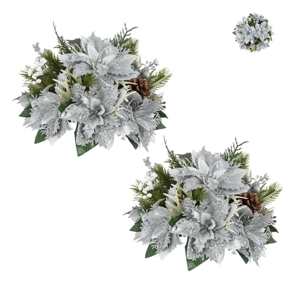 Blosmon Artificial Christmas Poinsettia Flowers Ball 2 Pcs Silver Glitter Fake Poinsettia Christmas Flowers Arrangement Centerpieces Decorations for Winter Indoor Home Parties