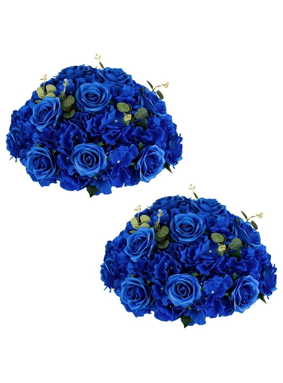 Blosmon Artificial Flower Kissing Balls for Wedding Table Centerpieces 2Pcs 14.2 Large Royal Blue Fake Roses Hydrangea Flower Arrangement