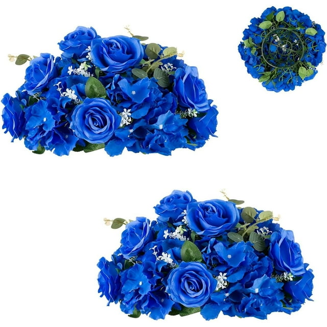 Blosmon Artificial Flower Kissing Balls for Wedding Table Centerpieces 2Pcs 14.2 Large Royal Blue Fake Roses Hydrangea Flower Arrangement
