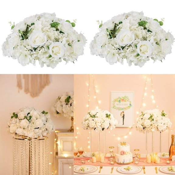 Blosmon Artificial Flower Kissing Balls for Wedding Table Centerpieces 2Pcs 15.7 Large White Fake Roses Hydrangea Flower Arrangement