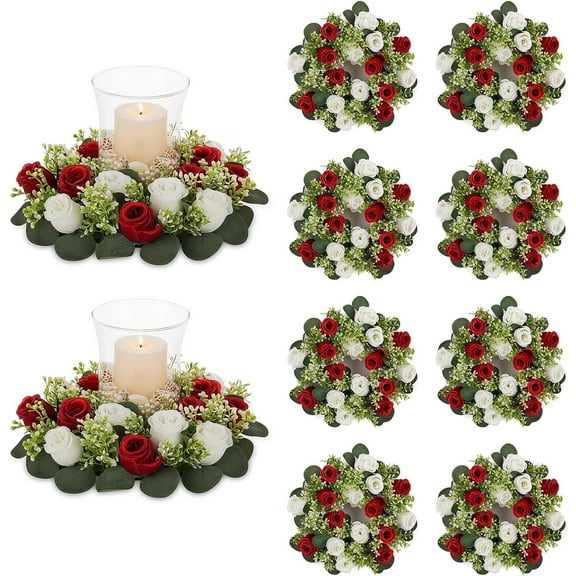 Blosmon Candle Rings Wreaths 10 Pcs 13.4" Large Burgundy & White Artificial Flowers Wedding Centerpiece for Table Spring Summer Fake Rose Wreath for Front Door